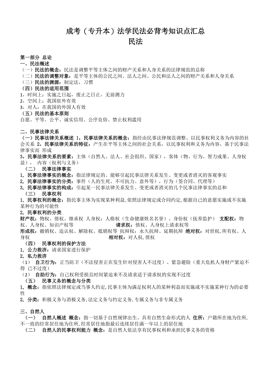 2020年成考(专升本)法学民法必背考知识点汇总_第1页