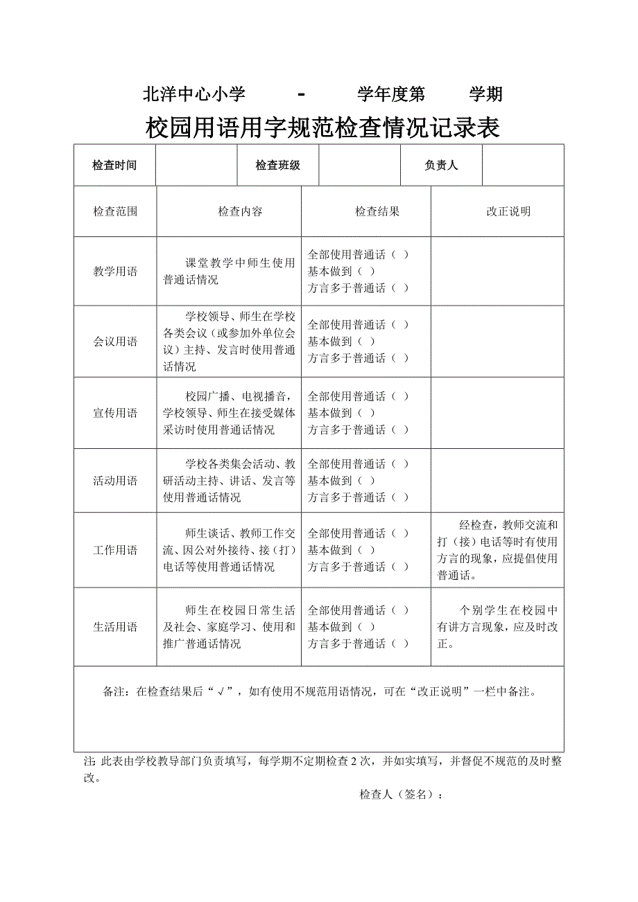 校园用语用字规范检查记录表_第1页
