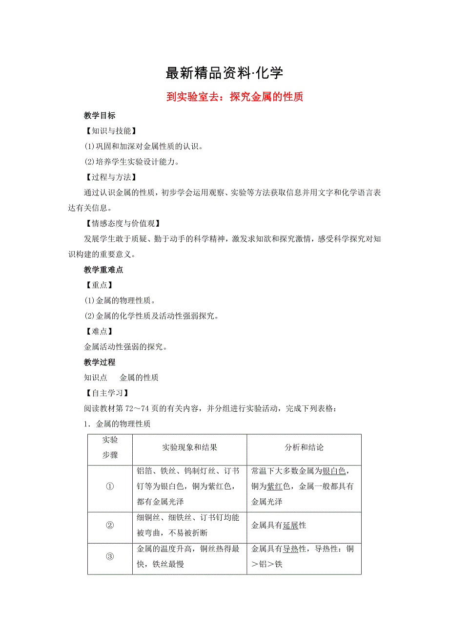 最新九年级化学下册第9单元金属到实验室去探究金属的性质教案鲁教_第1页