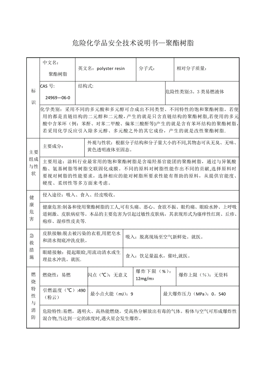 危险化学品安全技术说明书-聚酯树脂_第1页