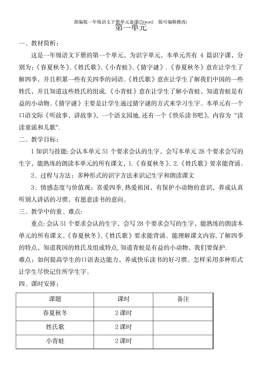 2023年部编版一年级语文下册单元备课2_第2页