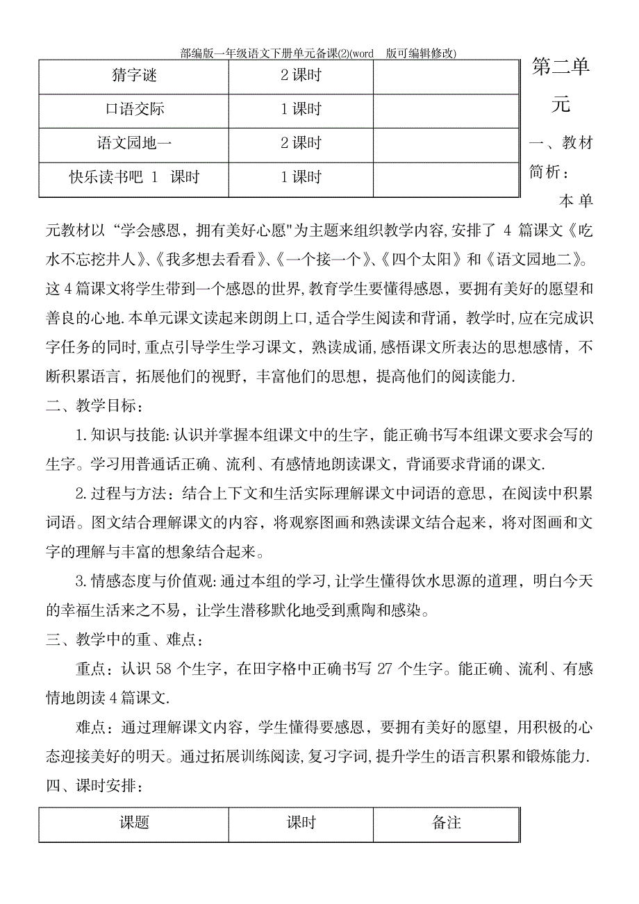 2023年部编版一年级语文下册单元备课2_第3页