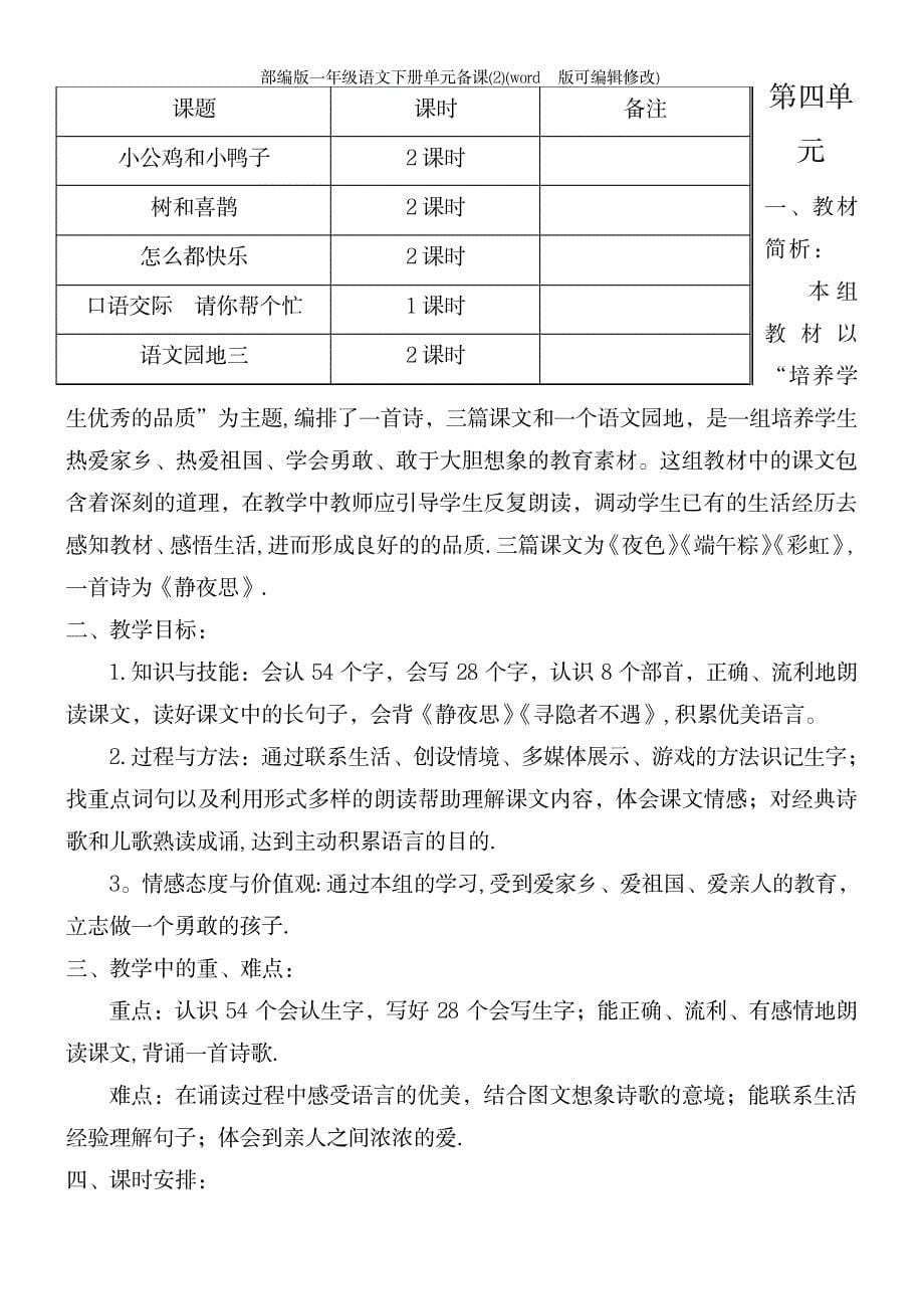 2023年部编版一年级语文下册单元备课2_第5页