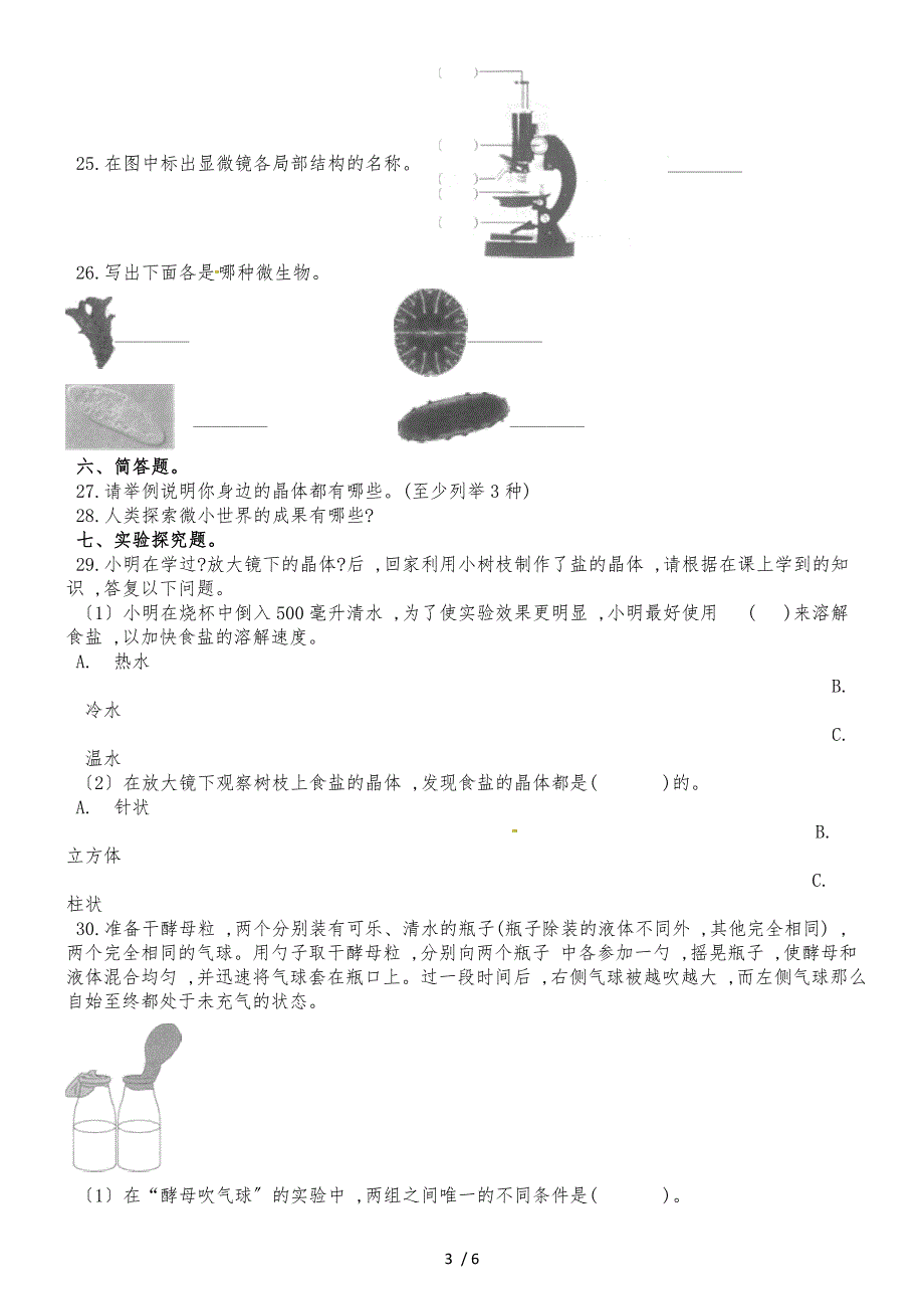 六年级下册科学单元测试第一单元∣教科版_第3页