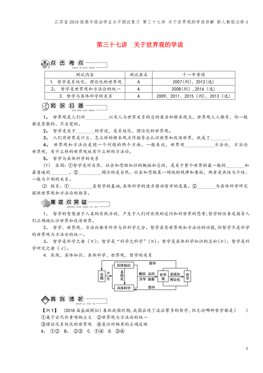 江苏省2018版高中学业水平测试复习-第三十七讲-关于世界观的学说讲解-新人教版必修4.doc_第1页