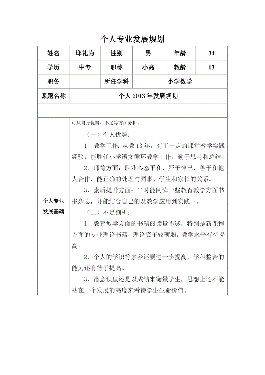 邱礼为个人专业发展规划[1].doc_第1页