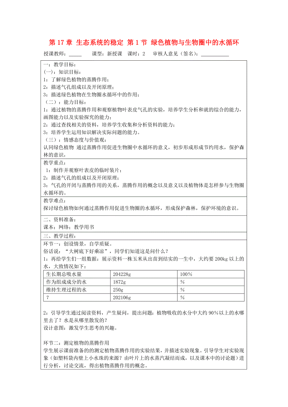 宁夏银川市初中八年级上册生物苏科版教案《第17章 第1节 绿色植物与生物圈中的水循环》_第1页