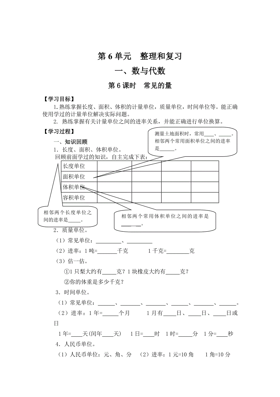 【人教版】六年级下册数学：第6单元 第6课时常见的量_第1页