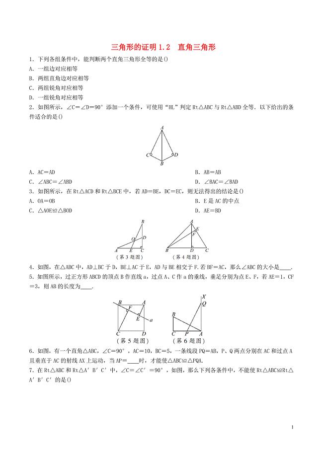 八年级数学下册 第一章 三角形的证明 1.2.1 直角三角形练习 （新版）北师大版