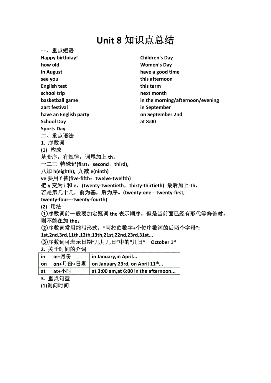 人教版七年级上册Unit 8 知识点总结_第1页