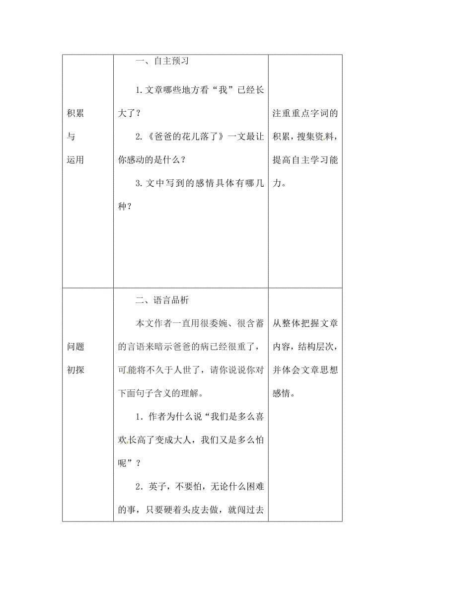 山东省安丘市东埠初级中学七年级语文下册第2课爸爸的花儿落了第1课时预习案无答案新人教版_第5页