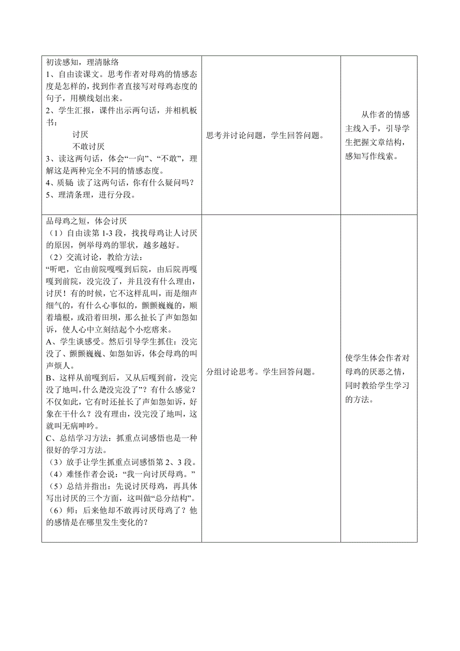 人教版四年级上册语文《母鸡》教学设计_第3页