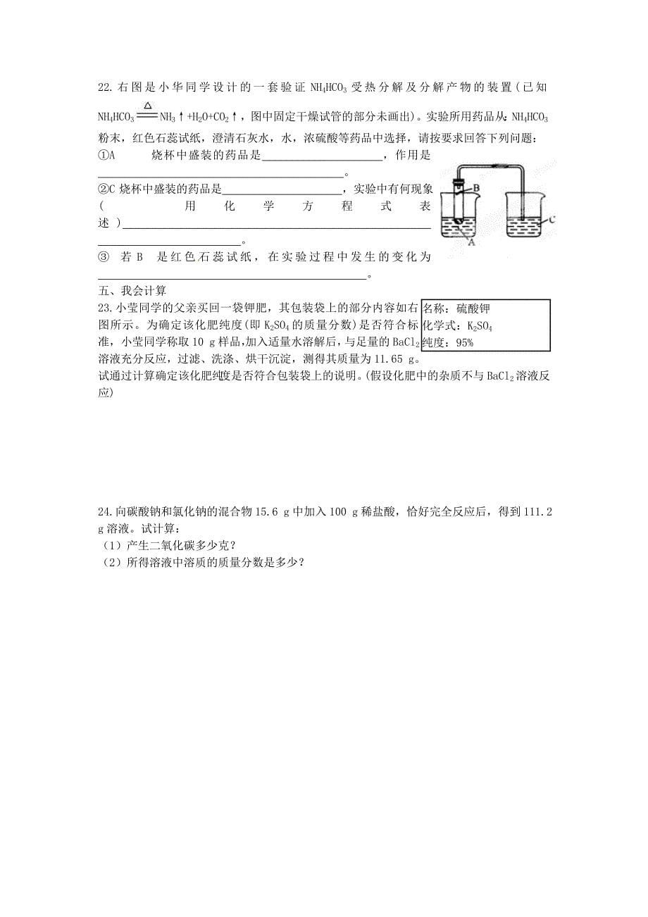 四川省宜宾县双龙镇初级中学九年级化学下册第十一单元盐化肥测试无答案新版新人教版通用_第5页