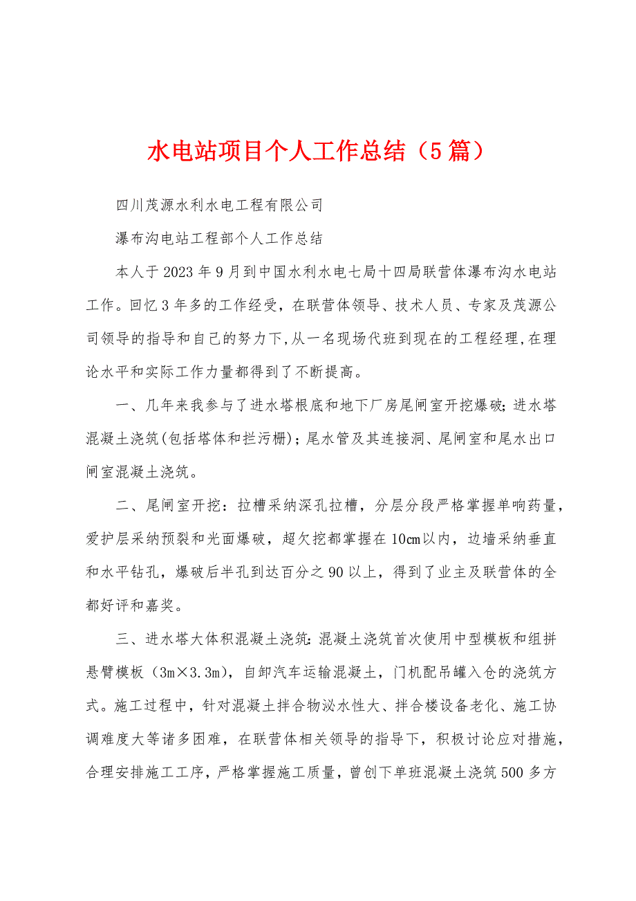 水电站项目个人工作总结(5篇).docx_第1页