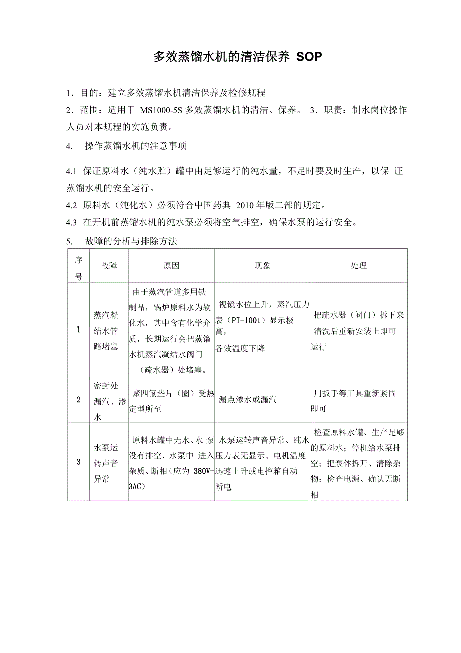 多效蒸馏水机的清洁保养SOP_第1页