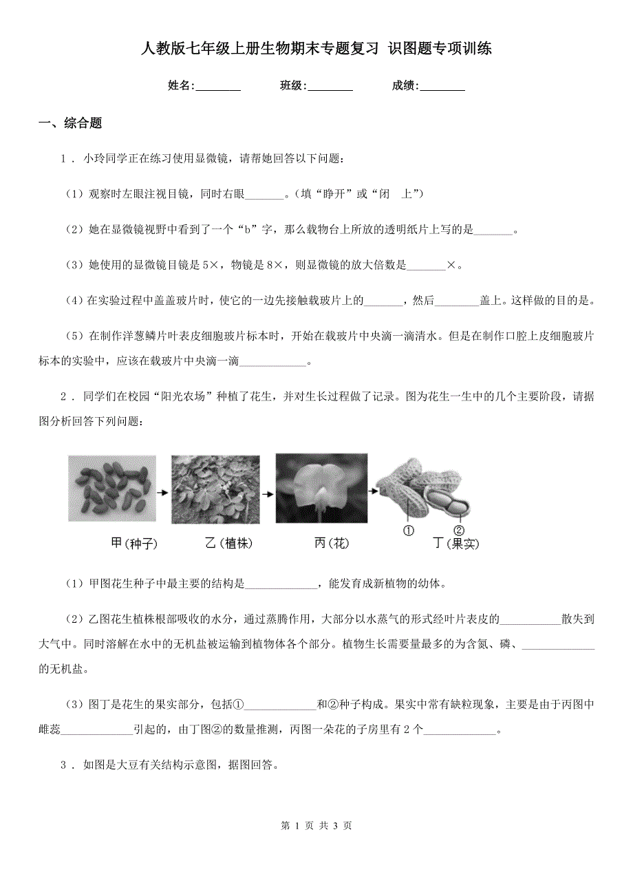 人教版七年级上册生物期末专题复习 识图题专项训练_第1页