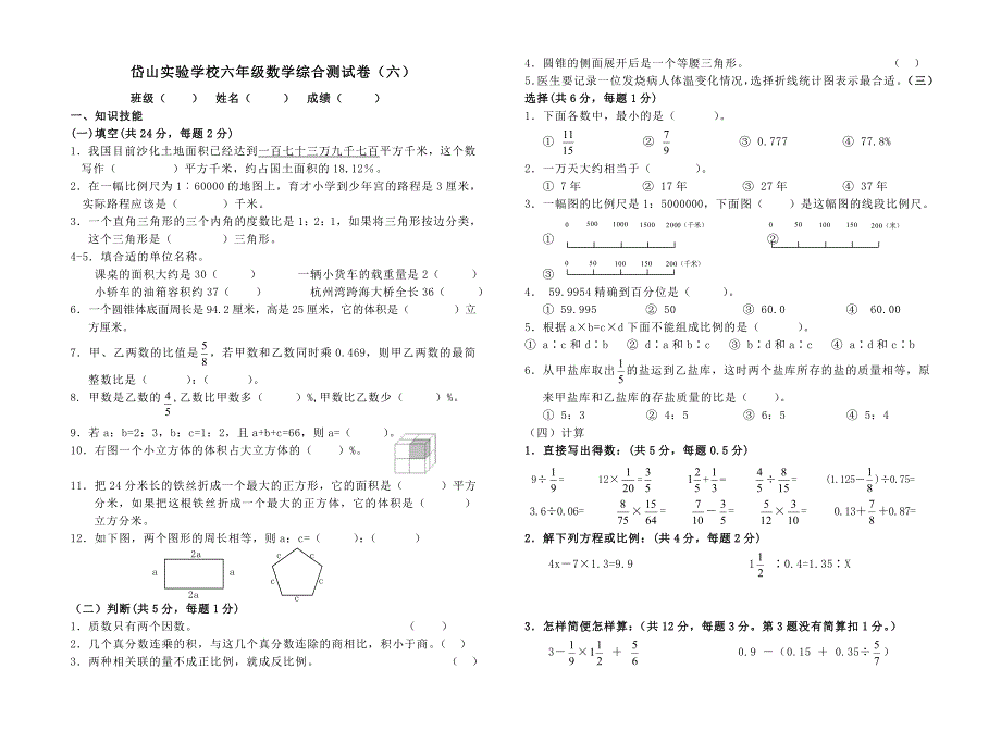 六年级数学模拟卷(六)_第1页