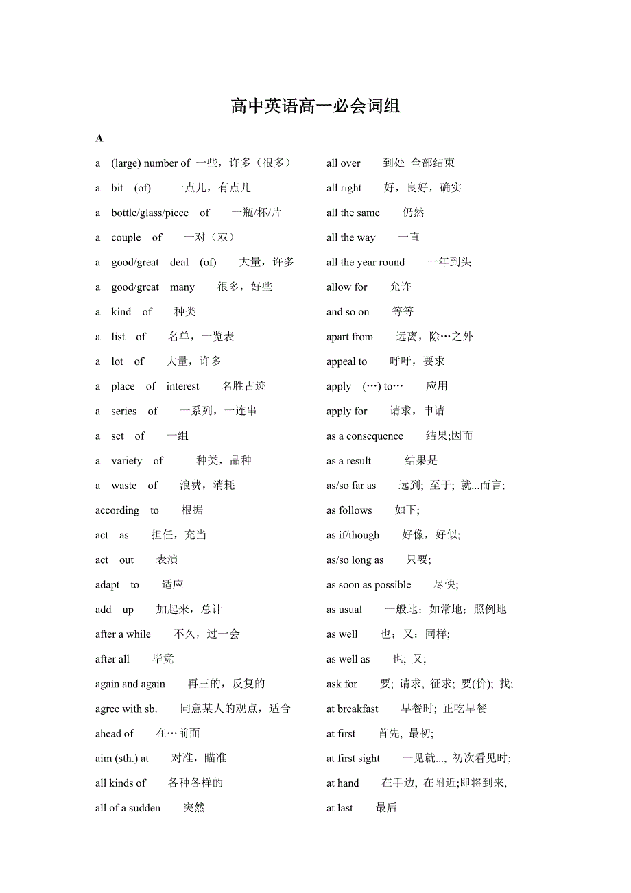 高中英语高一必会词组_第1页