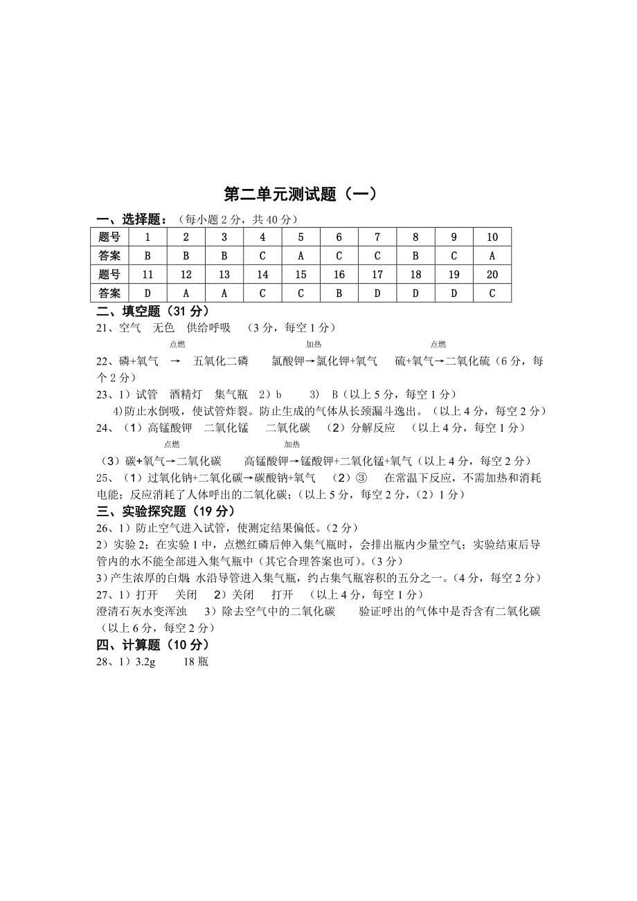 人教版初中化学第二单元我们周围的空气单元测试题及答案一_第5页