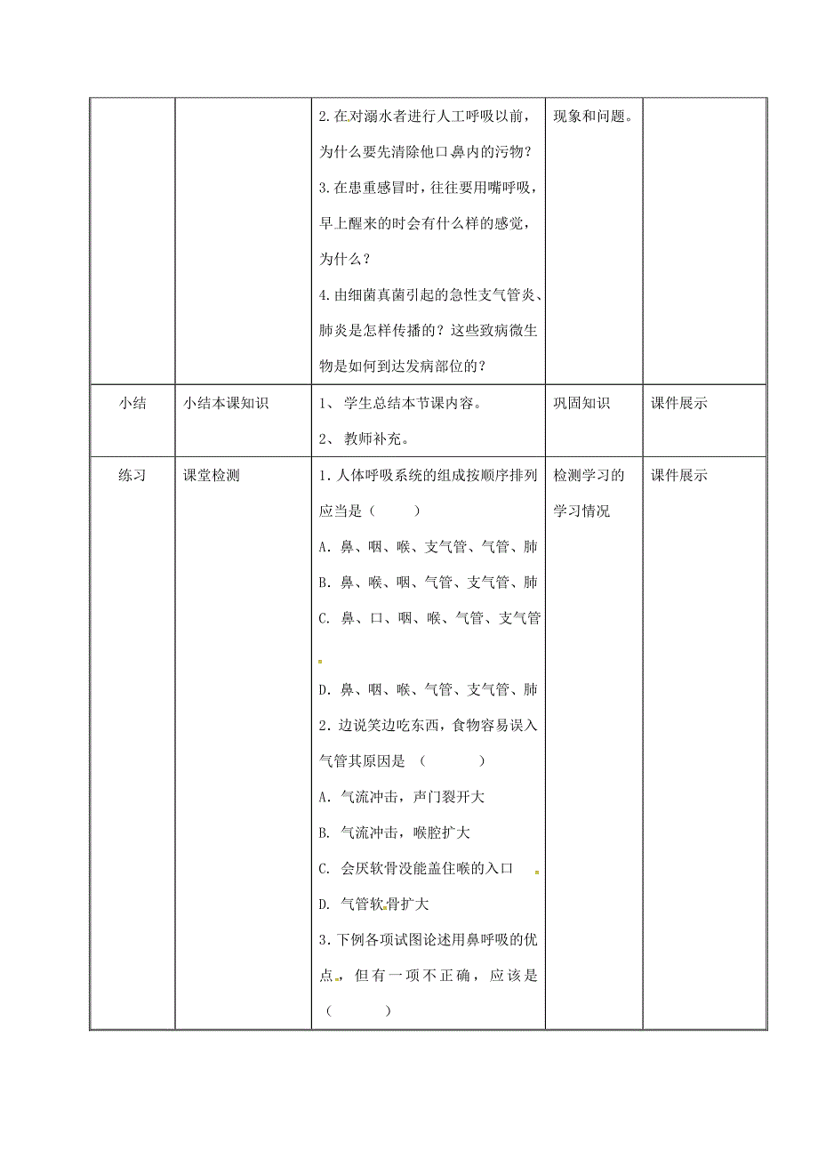 七年级生物下册4.3.1呼吸道对空气的处理教案1新版新人教版新版新人教版初中七年级下册生物教案_第4页