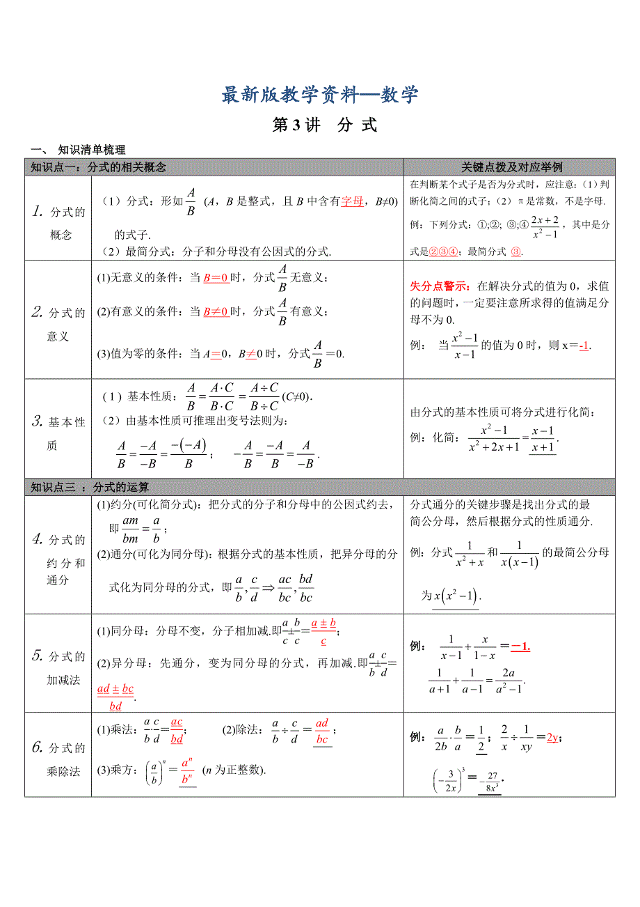 【最新版】【通用版】中考数学知识点梳理：第3讲分式Word版_第1页