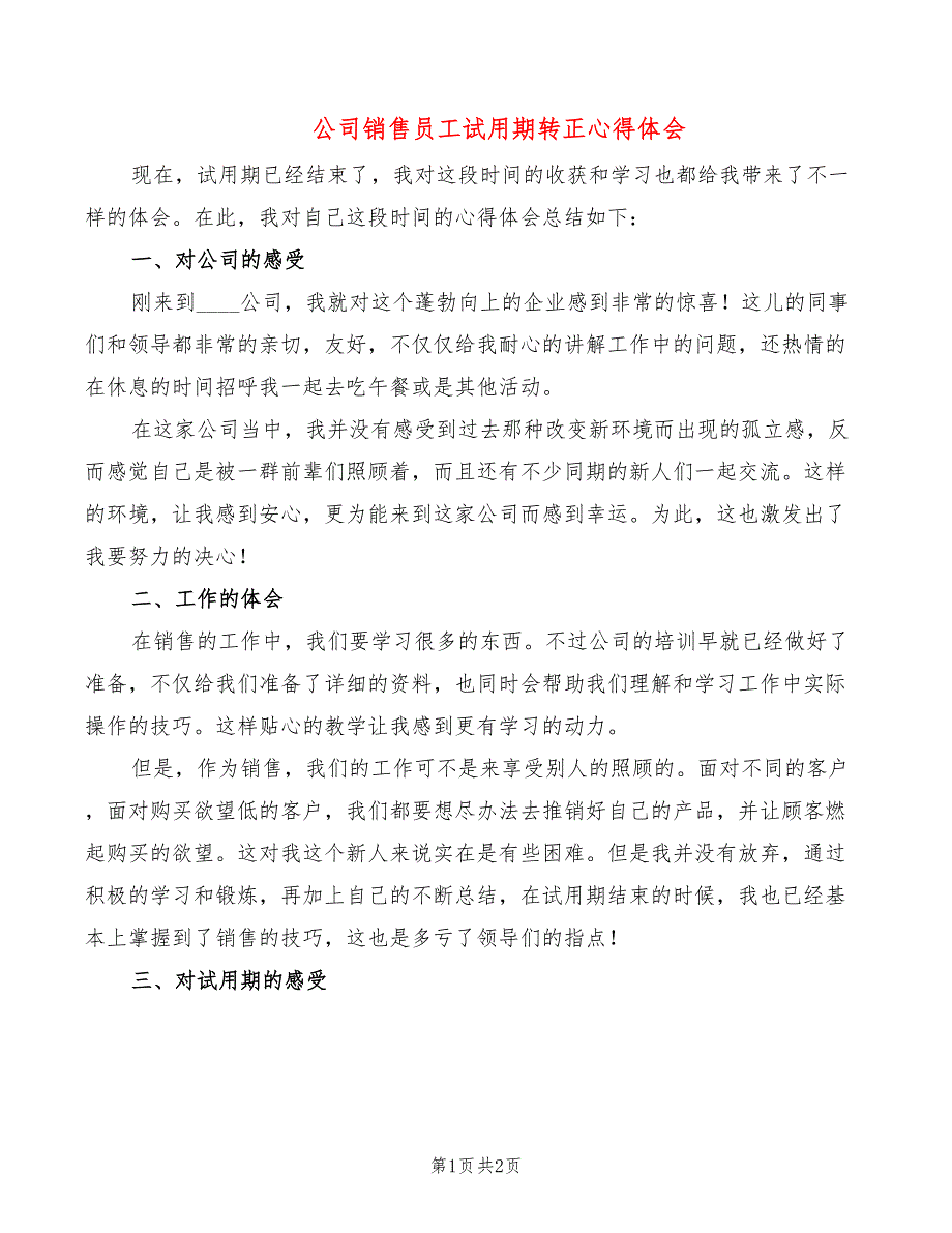 公司销售员工试用期转正心得体会_第1页