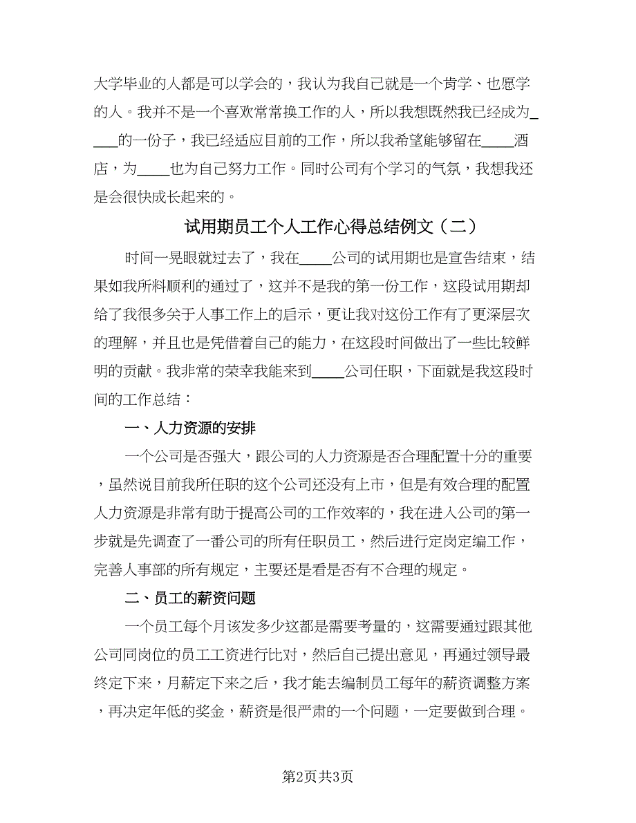 试用期员工个人工作心得总结例文（2篇）.doc_第2页