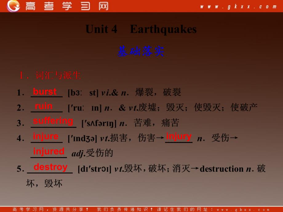 2013届高考备考一轮复习精选课件英语人教版Book1 Unit 4《Earthquakes》课件 新人教版_第1页