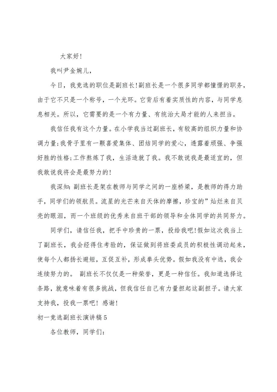 初一竞选副班长演讲稿(15篇).docx_第5页