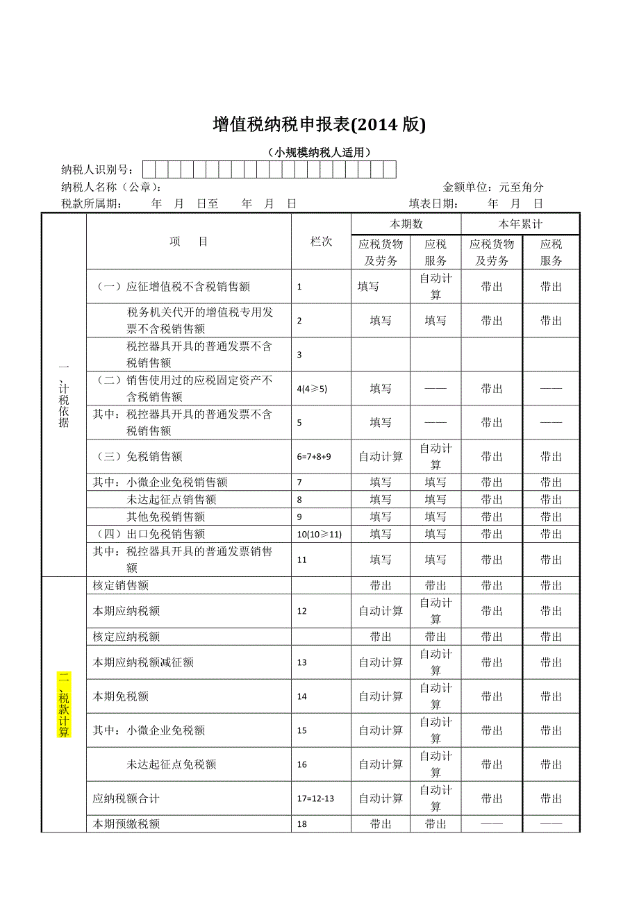2014版增值税小规模纳税人申报表主附表表样及数据处理规则_第1页