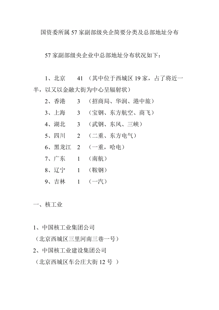 国资委所属57家副部级央企简要分类及总部地址分布_第1页