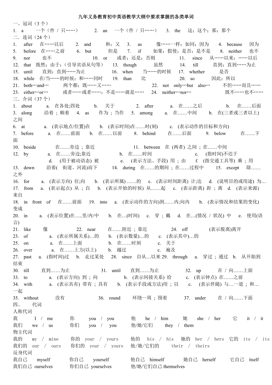 九年义务教育初中英语教学大纲中要求掌握的各类单词.doc_第1页