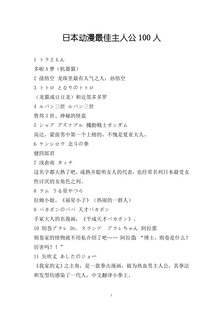 日本动漫最佳主人公100人.doc_第1页