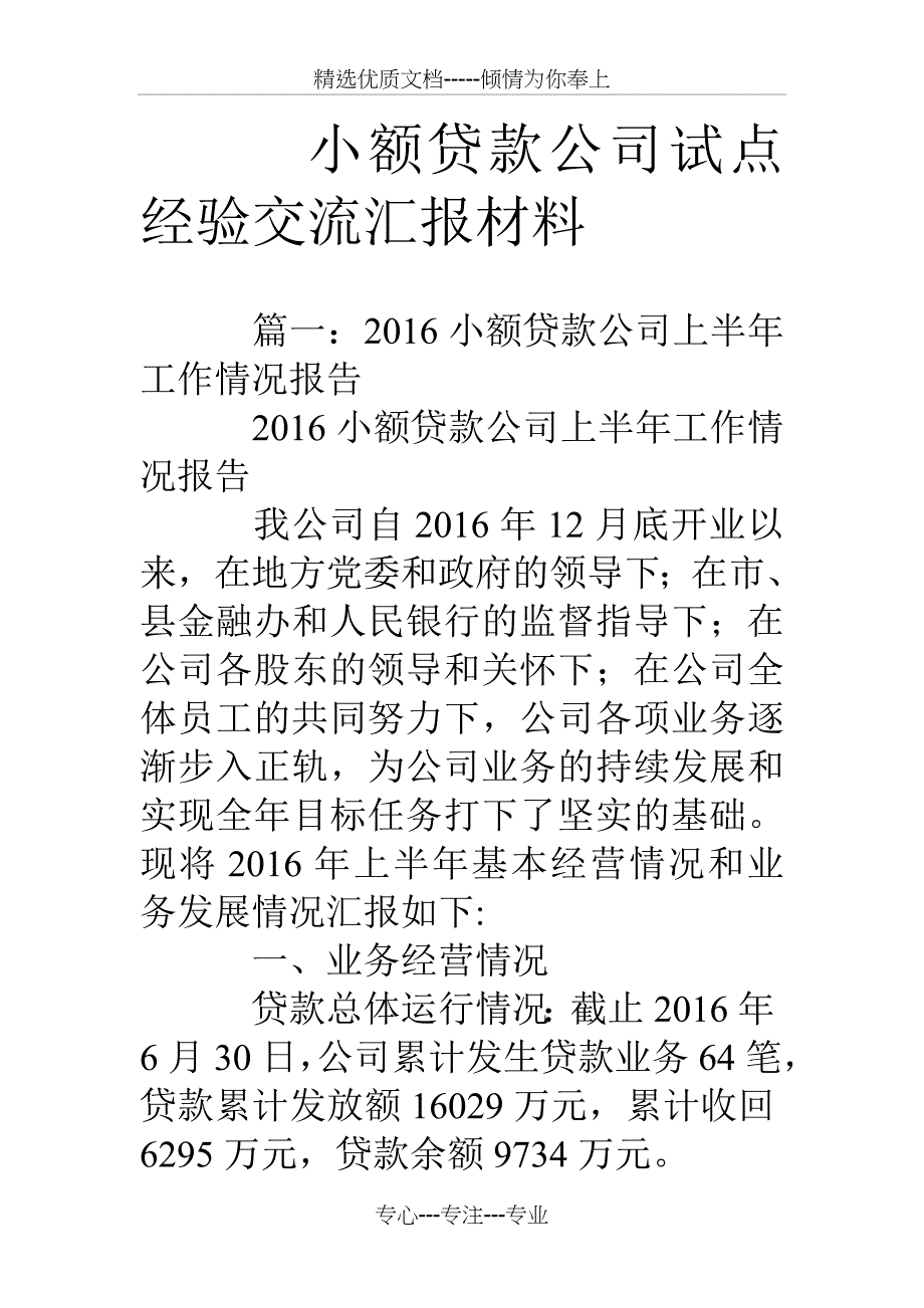 小额贷款公司试点经验交流汇报材料_第1页