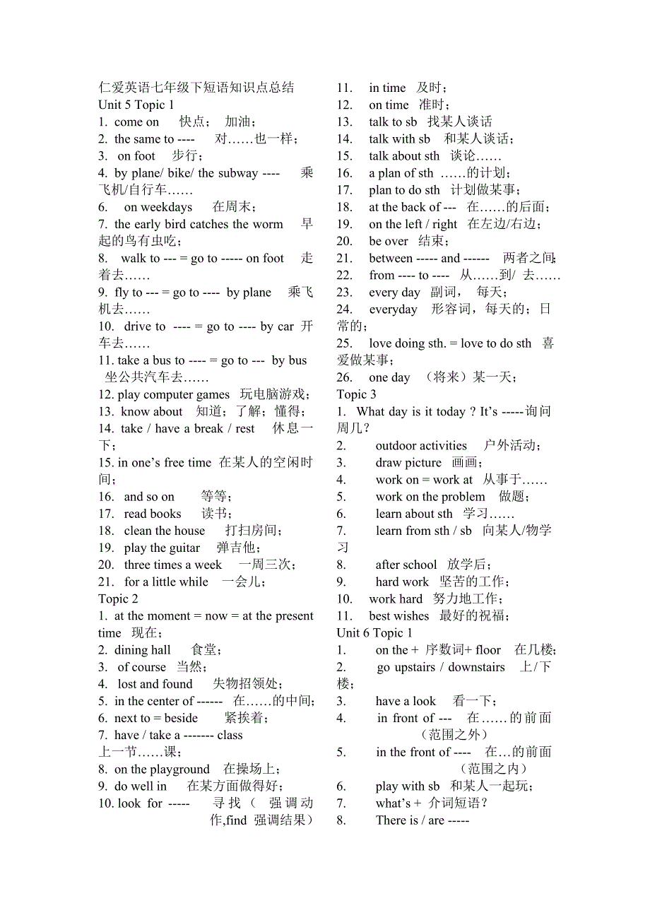 仁爱英语七年级下短语知识点总结_第1页