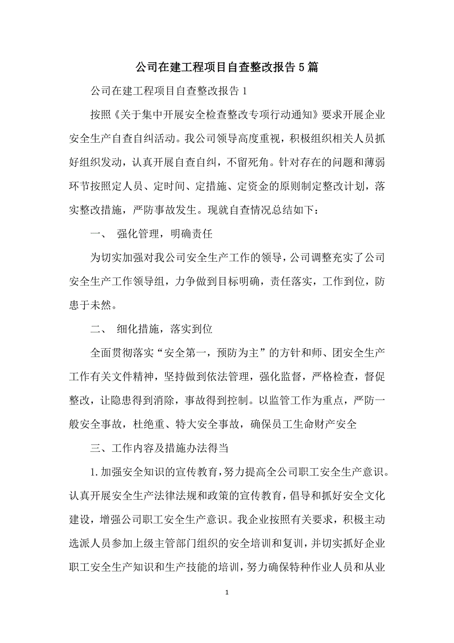 公司在建工程项目自查整改报告5篇_第1页