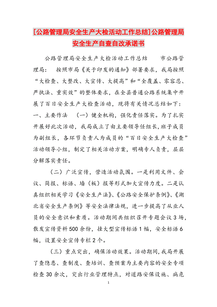 2023年公路管理局安全生产大检活动工作总结公路管理局安全生产自查自改承诺书.docx_第1页