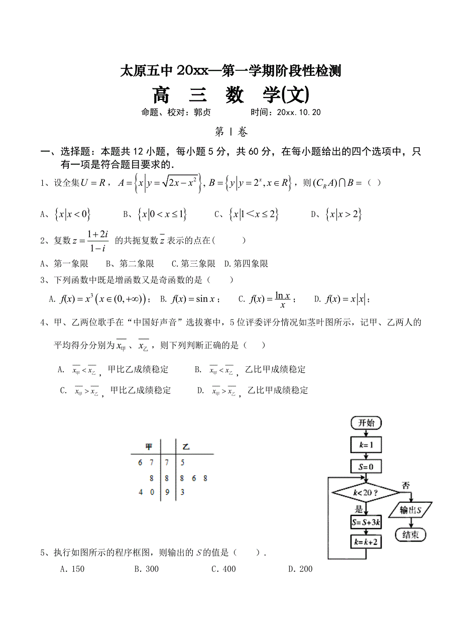 新编山西省太原五中高三第一次阶段性考试10月月考数学文试题含答案_第1页