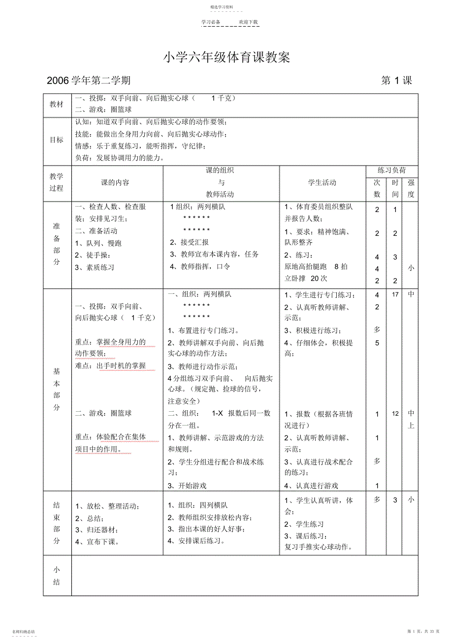 2022年小学六年级体育课教案_第1页