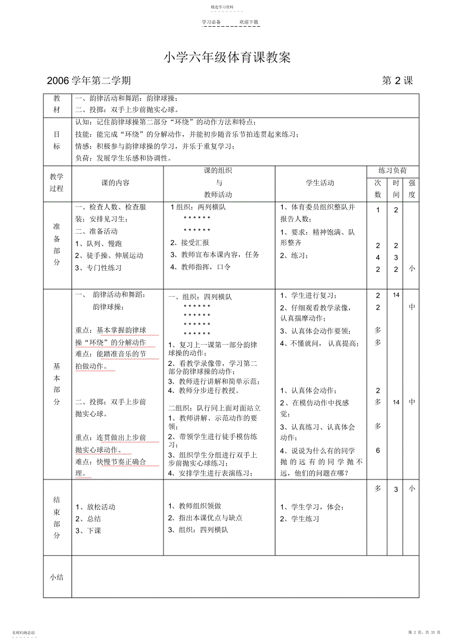 2022年小学六年级体育课教案_第2页