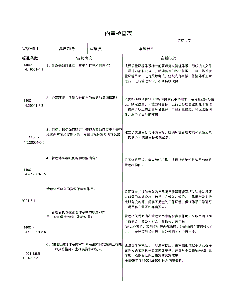 双体系内审检查表_第1页