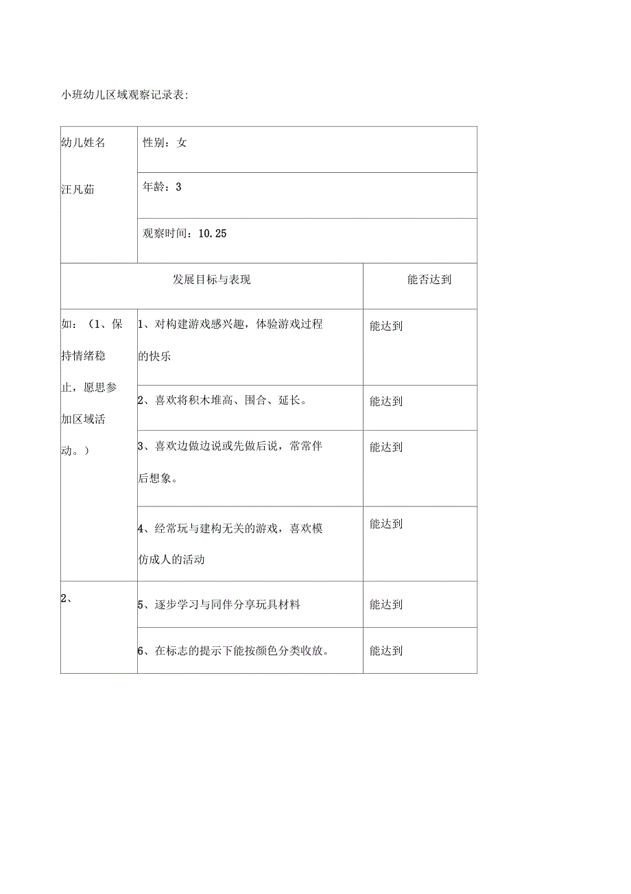 小班幼儿区域观察记录表_第1页