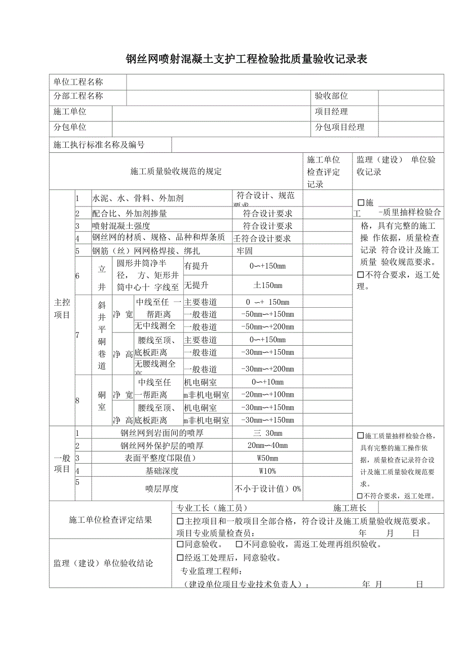 钢丝网喷射混凝土支护工程检验批质量验收记录表_第1页