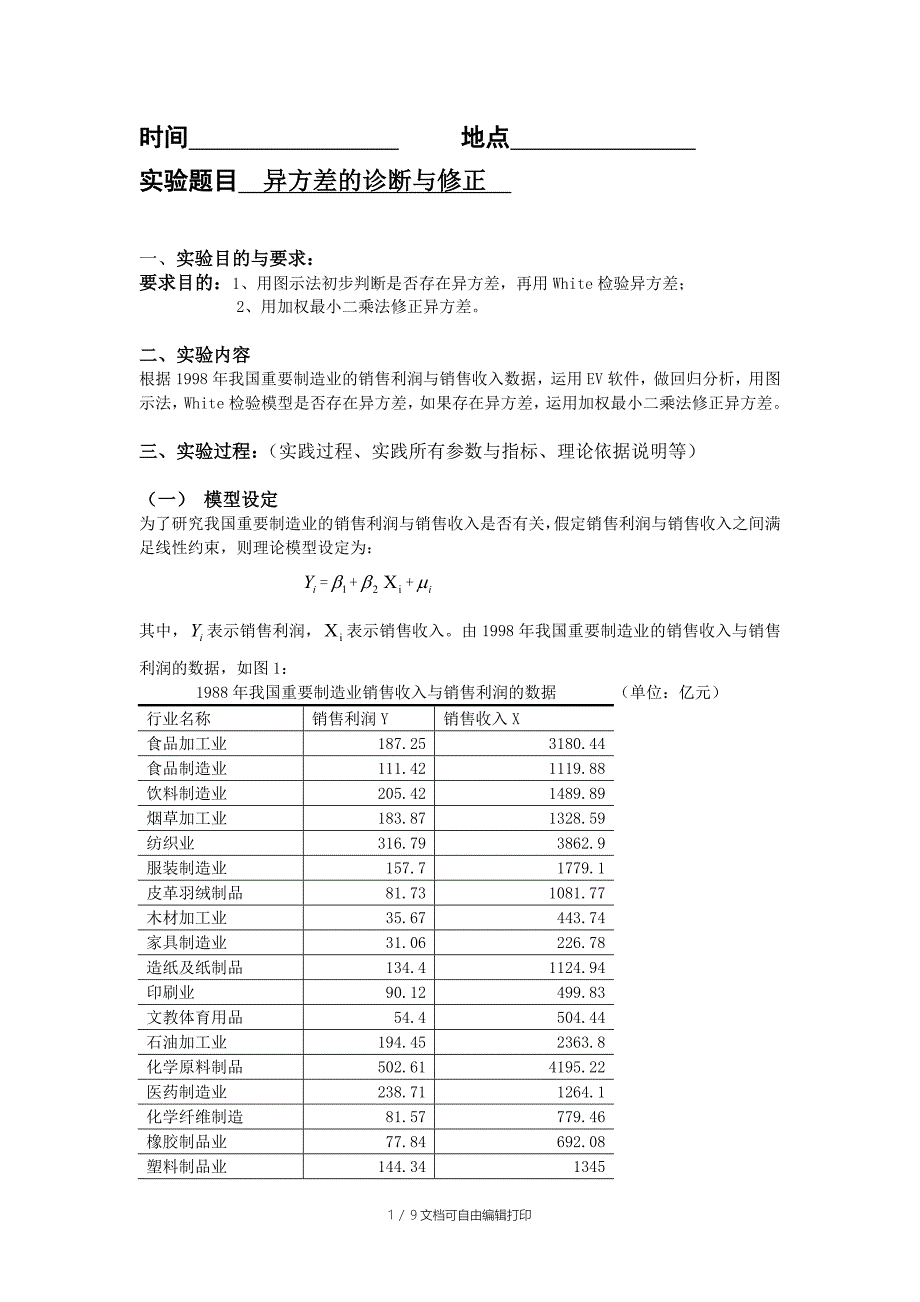 EViews计量经济学实验报告异方差的诊断及修正_第1页