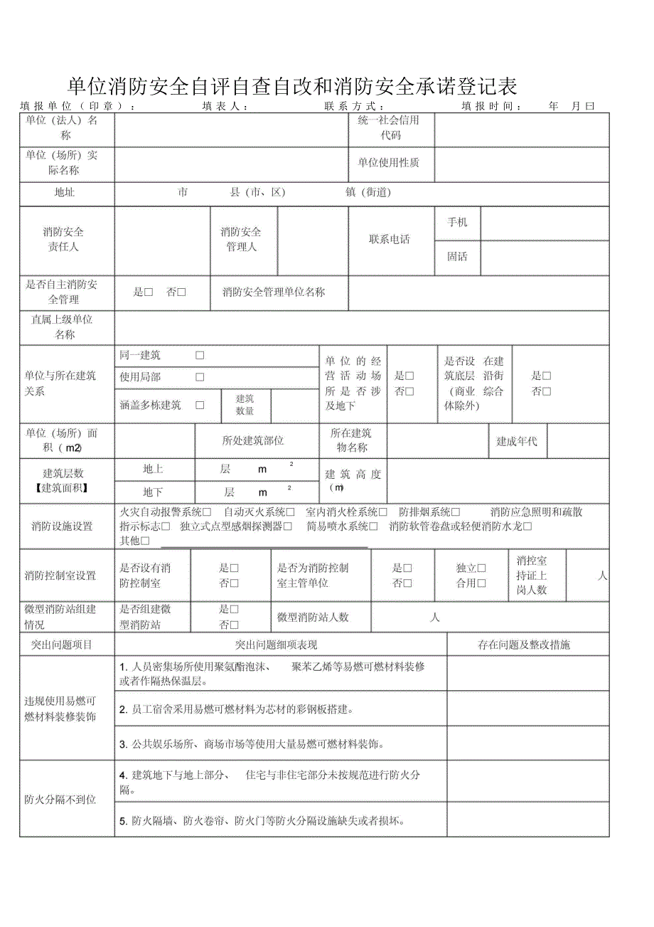 单位消防安全自评自查自改和消防安全承诺登记表_第1页