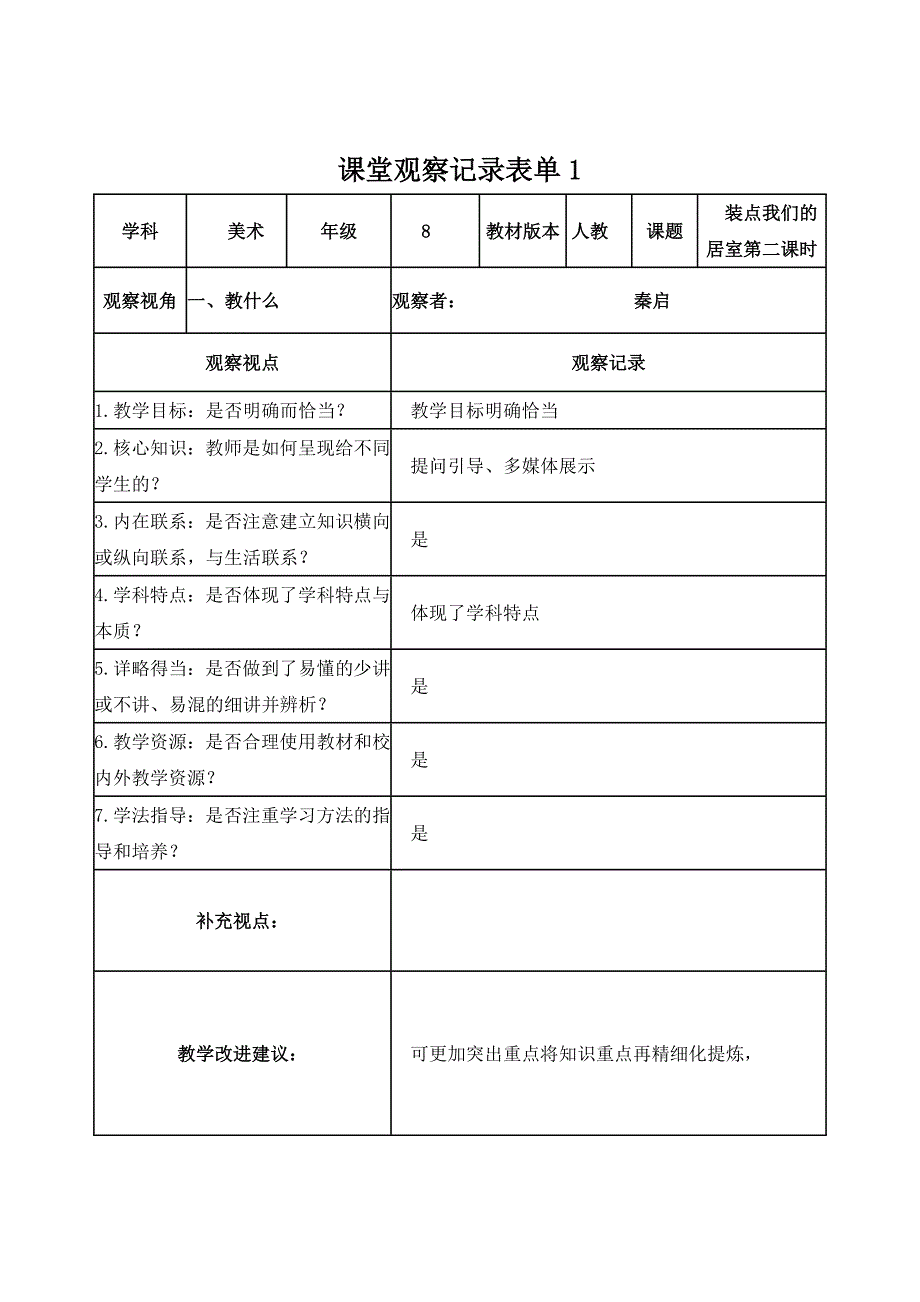 【观察表】美术课堂观察记录表单_第1页