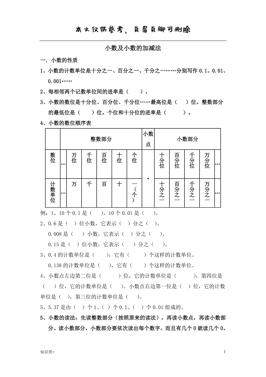 人教版四年级数学下册小数及小数的加减法知识点及练习学习资料_第1页