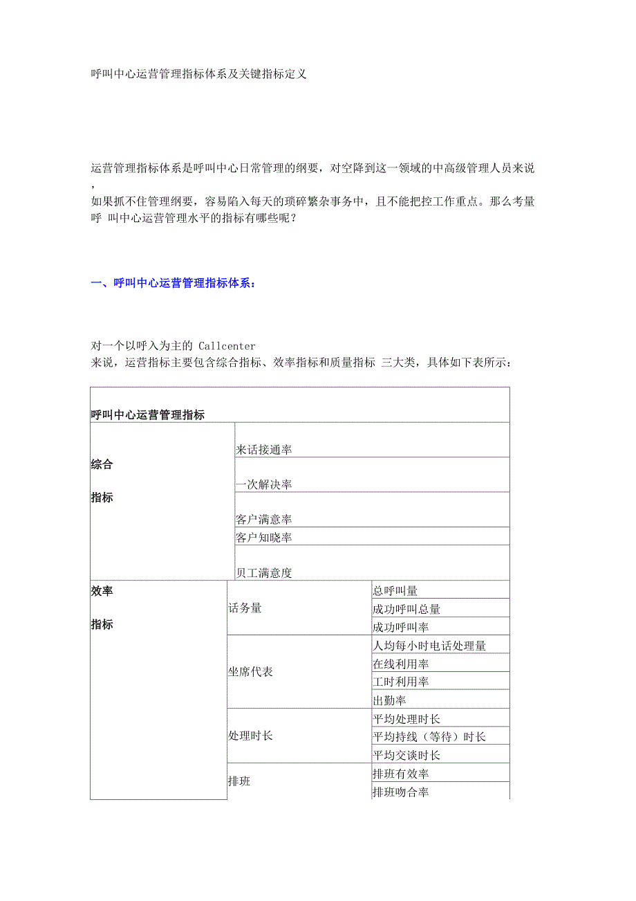 (整理)呼叫中心运营管理指标体系及关键指标定义_第1页