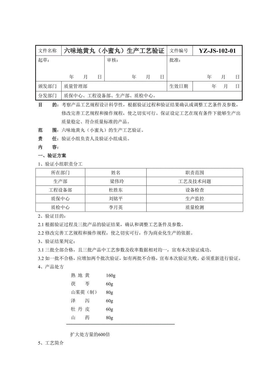 六味地黄丸(小蜜丸)生产工艺验证方案_第1页