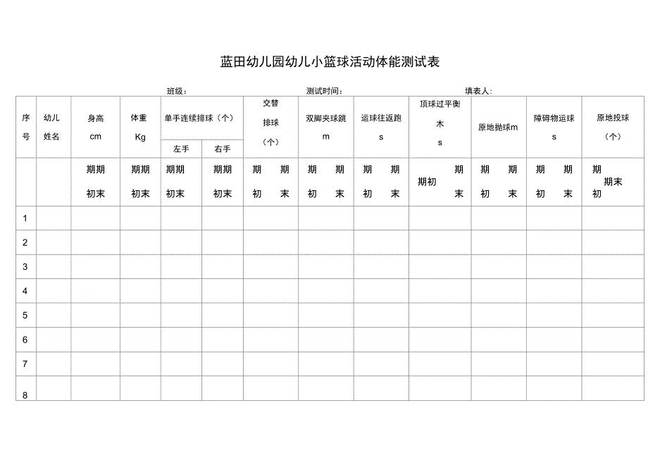 幼儿园幼儿小篮球活动体能测试表